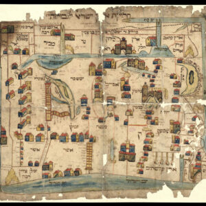 19th-century Hebrew map on worn parchment showing the biblical division of Israel among the twelve tribes.