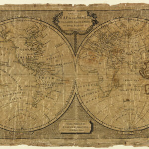 Antique world map sampler from 1798 with two hemispheres, designed for ladies' needlework and geography students in London