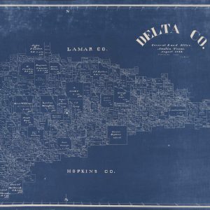 1889 blueprint map of Delta County, Texas, showing original land grants, family names, and county boundaries