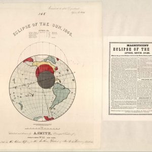 1846 solar eclipse diagram by Asa Smith showing the moon's shadow over a map of the Americas with explanatory broadside