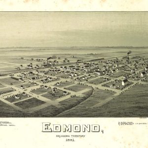 1891 bird's-eye view map of Edmond, Oklahoma Territory, showing the railway, early city grid, and historic buildings by T.M. Fowler