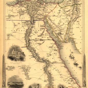 Antique 1851 John Tallis map of Egypt and Arabia Petraea featuring the Nile River, decorative borders, and historical vignettes