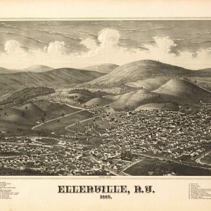 Vintage 1887 panoramic map of Ellenville, NY, showing streets, buildings, and surrounding mountains with a numbered key at the bottom