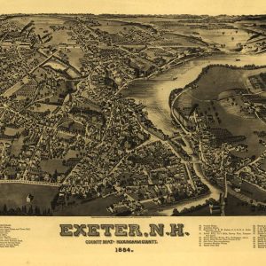 1884 vintage map of Exeter, NH, showing a detailed bird’s-eye view of buildings, streets, and the river with a numbered index at the bottom