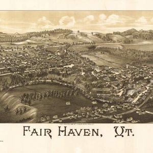 1886 panoramic bird's-eye view map of Fair Haven, VT, showing the town layout, river, and surrounding landscape with an indexed list
