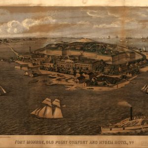 Bird's-eye view lithograph of Fort Monroe, a stone fortress on a coast, with the Hygeia Hotel and sailing ships in the surrounding water
