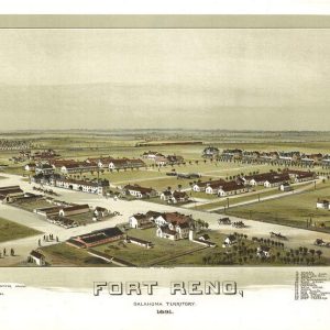 Bird's eye view lithograph of Fort Reno, Oklahoma Territory in 1891, showing military buildings and parade grounds