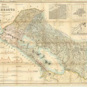 Vintage 1858 topographic map of Nicaragua with detailed terrain, city plans of Leon and Granada, and mountain profile sections