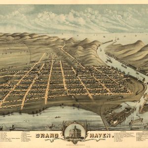 1874 panoramic bird's eye view map of Grand Haven, Michigan, showing the Grand River, historic city grid, and Lake Michigan shoreline