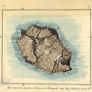 Vintage shaded relief map of Reunion Island from 1802, showing volcanic topography and coastal names in a classic scientific style