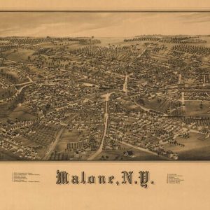 Vintage 1886 bird's-eye view map of Malone, New York, showing historic street patterns, buildings, and landscape