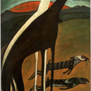 Stylized modernist painting of two long-necked greyhounds watching two striped rabbits jumping in a minimalist, earthy-toned landscape.