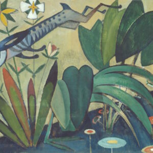 Stylized oil painting by Amadeo de Souza-Cardoso showing a grey rabbit leaping over green tropical foliage and flowers in a folk-art style.