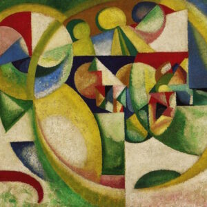 Abstract oil painting by Amadeo de Souza-Cardoso with vibrant geometric circles, triangles, and gears in red, yellow, green, and blue.