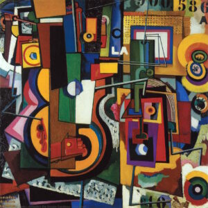 Colorful cubist painting with geometric shapes, numbers, and letters in shades of red, yellow, and green, creating a dynamic composition.