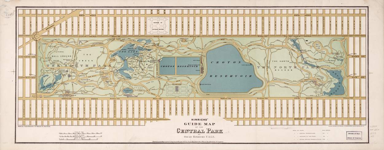 Antique 1875 guide map of Central Park by Oscar Hinrichs Vintage 1875 Hinrichs guide map of Central Park New York showing the old Croton Reservoir and pedestrian walking paths blueprint.