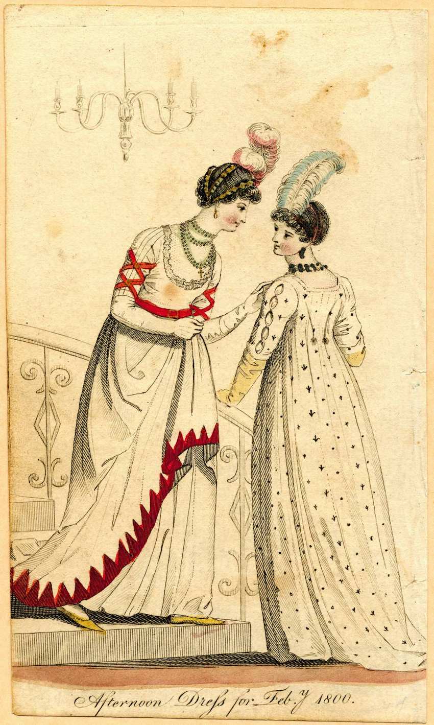 1800 Regency Fashion Plate Afternoon Dress Claremont Two Regency women in white empire gowns with feathers on a staircase in a February 1800 fashion plate.