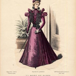 1890s Victorian fashion plate from La Mode de Paris featuring a woman in a purple gown with gigot sleeves and black lace embroidery
