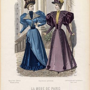 Two women in 1894 Victorian dresses with leg o' mutton sleeves, blue and purple silk gowns, La Mode de Paris fashion plate.