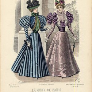 1896 La Mode de Paris fashion plate showing two women in Victorian dresses with large leg o' mutton sleeves and ornate hats