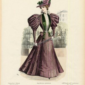 Victorian 1896 fashion plate from La Mode de Paris showing a woman in a plum striped walking dress with large leg-o-mutton sleeves