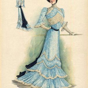 1899 Victorian fashion illustration of a woman in a high-collar light blue lace dress and floral hat. S.T. Taylor Co. archival print