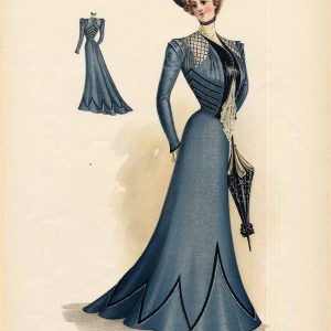 Edwardian fashion plate from 1905 featuring a woman in a blue S-bend silhouette dress with a large feathered hat and parasol