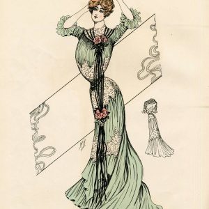 1904 L’Art de la Mode fashion plate of a woman in a pale green gown with lace applique, black ribbons, and a floral upswept hairstyle