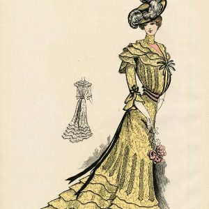 Edwardian yellow gown illustration from L'Art de la Mode 1904, featuring tiered ruffles, black lace trim, and plumed hat