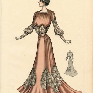 1904 L'Art de la Mode fashion plate showing an Edwardian tea gown in mauve silk with intricate lace overlays and puffed sleeves