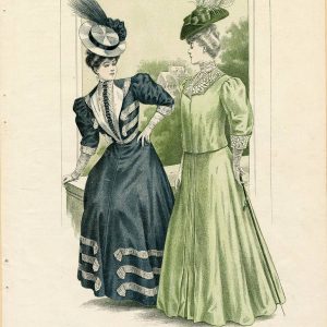 Edwardian fashion plate from The Delineator, 1906, showing a navy chiffon broadcloth dress and a green linen suit with lace collar
