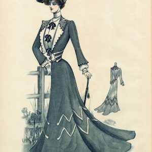Vintage 1904 fashion illustration of a woman in a blue S-curve walking suit with a large feathered hat and zigzag skirt trim.