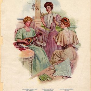 Three Edwardian women in pastel lace dresses; one plays a mandolin while others look at a book in a vintage fashion plate illustration.