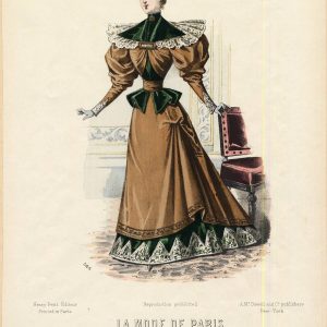 1893 Victorian fashion plate from La Mode de Paris showing a woman in a brown gown with large gigot sleeves and lace collar.