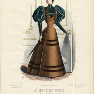 Victorian woman in an 1894 fashion plate from La Mode de Paris wearing a brown dress with teal leg-o-mutton sleeves and a floral hat.