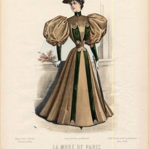 1896 fashion plate of a tan dress with green velvet bands, leg-of-mutton sleeves, and matching hat from La Mode de Paris journal.