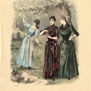 Three women in Victorian dresses, The Season magazine illustration, July 1883. Antique fashion plate with bustle gowns and parasol.
