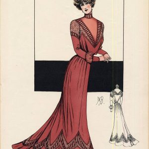 1901 Edwardian rose red gown illustration with high collar and trumpet skirt, published by Morse-Broughton Co. for Robes de Luxe.
