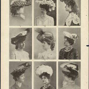 Grid of 9 vintage illustrations showing Edwardian women in ornate spring and summer hats with feathers and lace, May 1903.