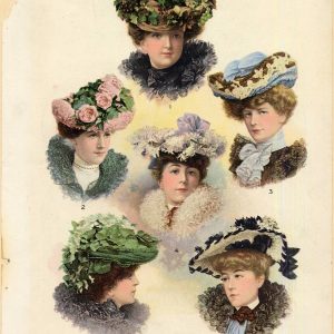 Vintage 1902 fashion plate from The Delineator showing six Victorian ladies wearing ornate summer hats decorated with flowers and feathers.