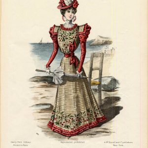 Victorian fashion plate of a woman in a striped dress with cherry embroidery and leg-o-mutton sleeves on a beach.