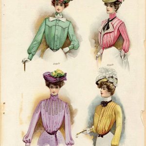 Edwardian fashion plate from May 1902 showing four women in colorful tucked shirt-waist blouses with high collars and floral hats.