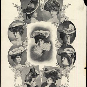 Antique 1902 fashion plate from The Delineator showing nine women modeling various ornate Edwardian summer straw hats and high collars.