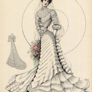 Edwardian bride in a tiered white silk wedding gown with lace bodice and long veil, from an antique L'Art de la Mode fashion plate.