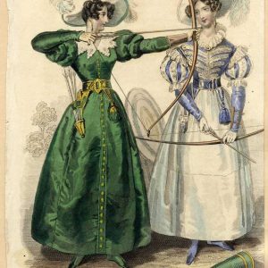 Hand-colored engraving of two women in green and blue Regency-style archery dresses with feathered hats, holding bows, from 1831.