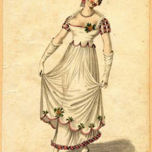 Hand-colored fashion plate of a 1811 Regency ball dress, featuring a high-waist white gown with pink trim and pearl detail.