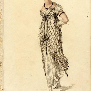 1810 Regency ball dress fashion plate featuring a white satin gown with a brown silk net tunic and jet bead accessories.