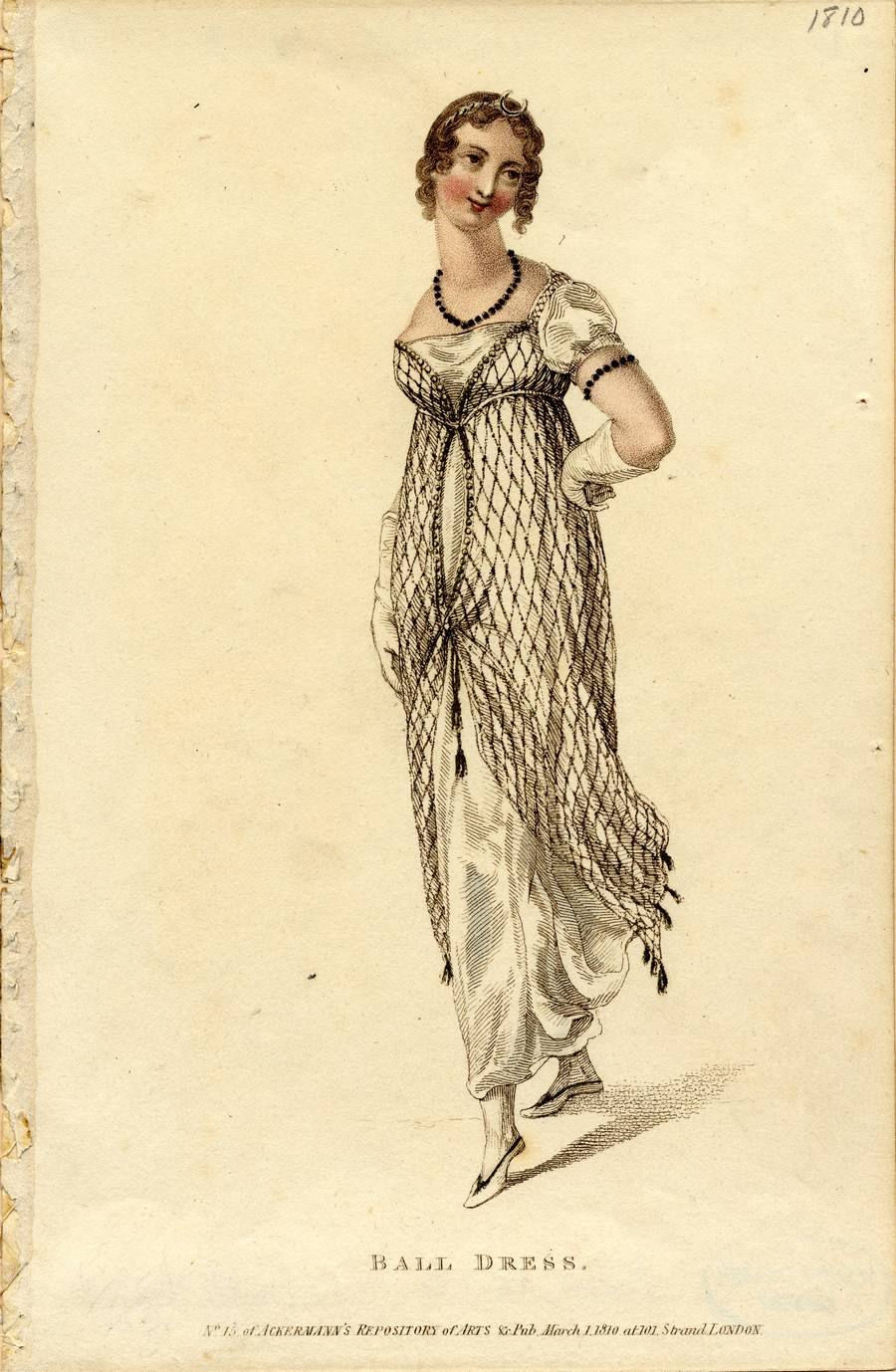 Regency Era Ball Dress Fashion Plate 1810 Ackermann Repository 1810 Regency ball dress fashion plate featuring a white satin gown with a brown silk net tunic and jet bead accessories.