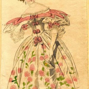 1833 fashion plate of a woman in a floral Paris ball dress with puffed sleeves, pink bows, and an elaborate Romantic era hairstyle.