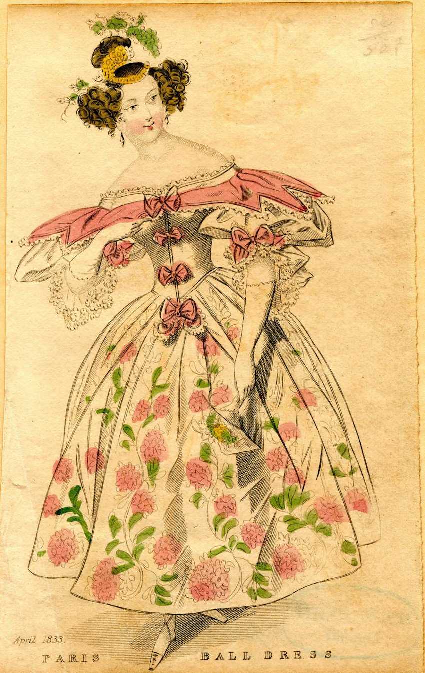1833 Romantic Era Paris Ball Dress Fashion Plate 1833 fashion plate of a woman in a floral Paris ball dress with puffed sleeves, pink bows, and an elaborate Romantic era hairstyle.